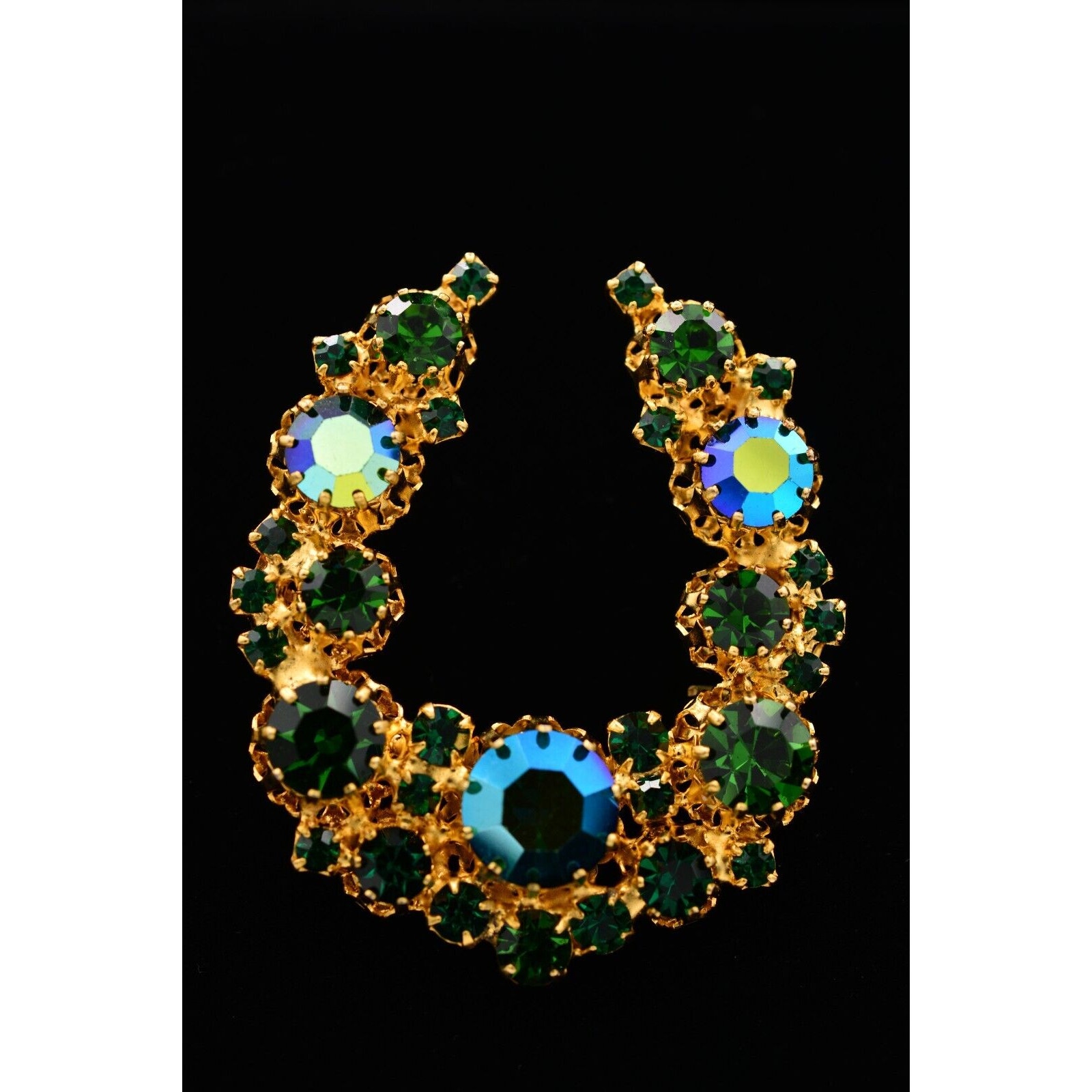 Austria Vintage Crystal Pin Brooch Ab Green Prong Rhinestone Gold Signed Binb 50$